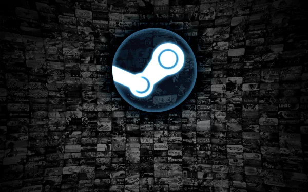A HD PC desktop wallpaper featuring the Steam logo against a textured, dark background filled with various images, showcasing technology and gaming culture.