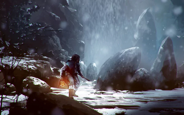 A fantasy hunter navigates a snowy landscape, holding a lantern as snowflakes fall around towering, icy stones, creating an immersive HD wallpaper experience.