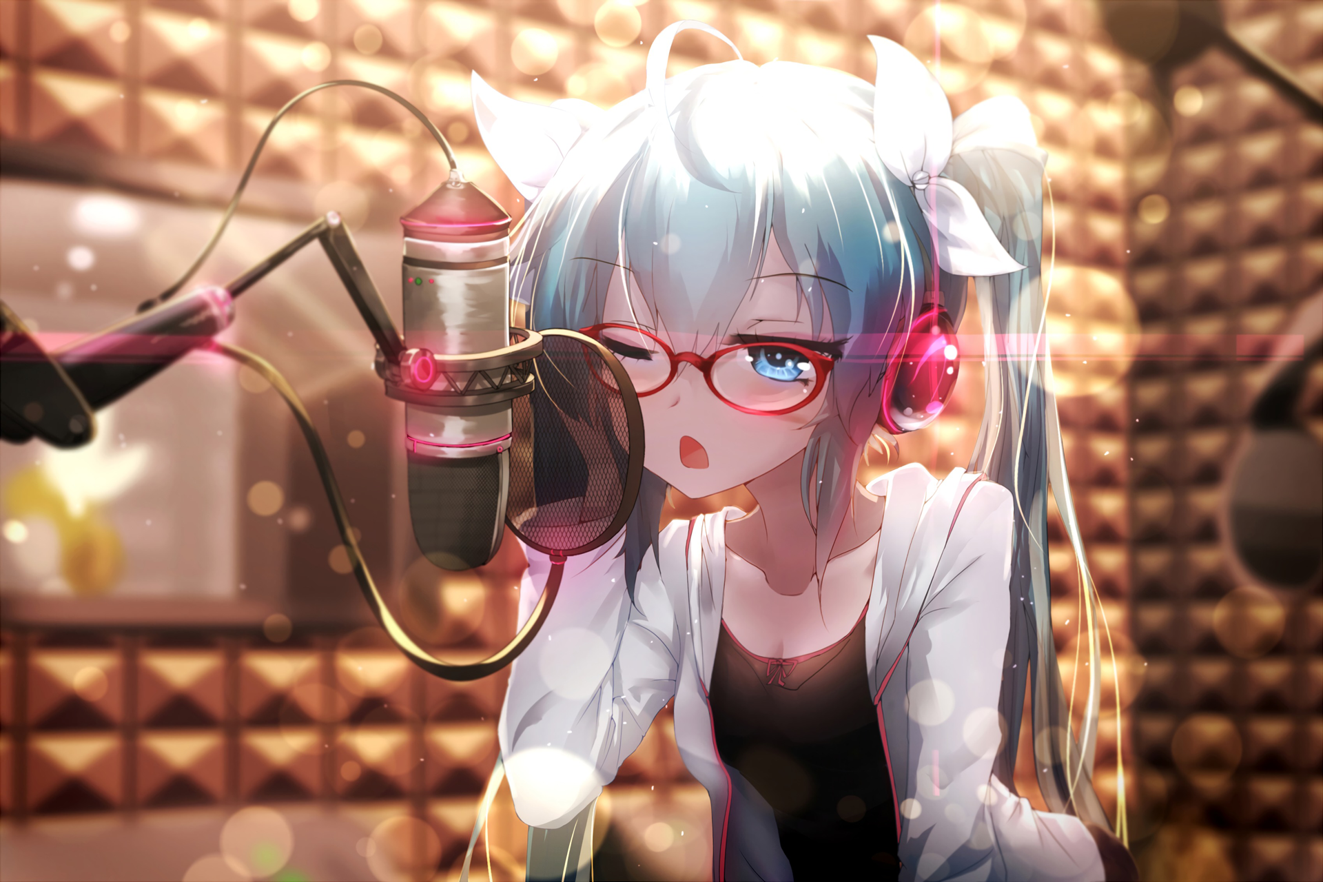 Anime character Hatsune Miku in a sound studio with headphones, glasses, and a microphone. The HD desktop wallpaper and background showcases the Vocaloid in a recording setting with detailed artwork.
