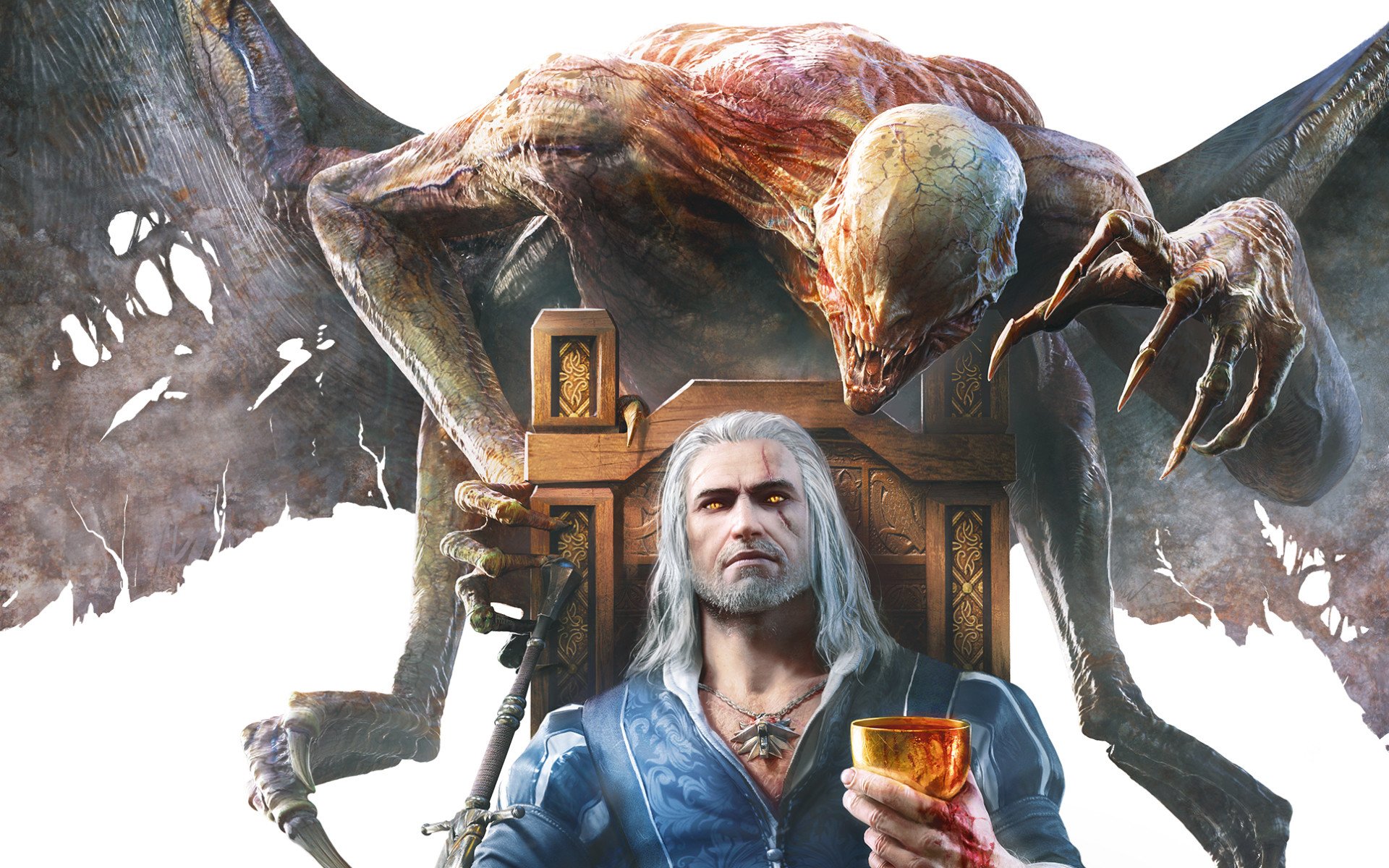 Geralt of Rivia sits confidently on a throne, holding a drink, while a menacing creature looms behind him. A striking HD wallpaper from the video game The Witcher 3: Wild Hunt.