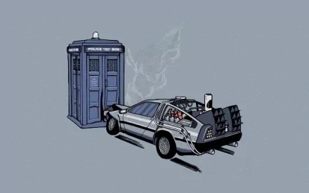 HD desktop wallpaper featuring a DeLorean time machine from Back to the Future parked beside a police box.