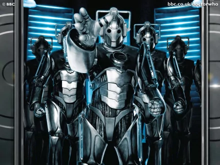 A striking HD wallpaper featuring Cybermen from the TV show Doctor Who (2005), showcasing their metallic forms against a futuristic backdrop.