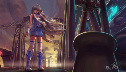 A stunning HD wallpaper featuring Iona from Arpeggio of Blue Steel, standing against a dynamic industrial backdrop, showcasing her long hair and striking outfit.