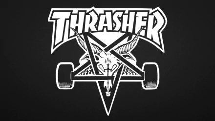 A striking HD wallpaper featuring the Thrasher logo with a pentagram and goat skull, embodying the energy of skateboarding and sports culture.