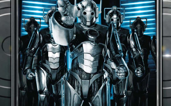 A striking HD wallpaper featuring Cybermen from the TV show Doctor Who (2005), showcasing their metallic forms against a futuristic backdrop.