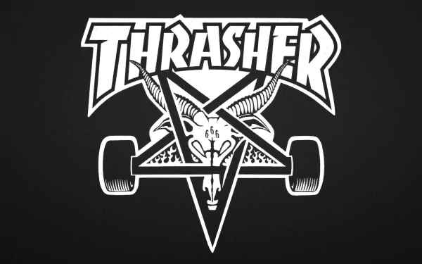 A striking HD wallpaper featuring the Thrasher logo with a pentagram and goat skull, embodying the energy of skateboarding and sports culture.