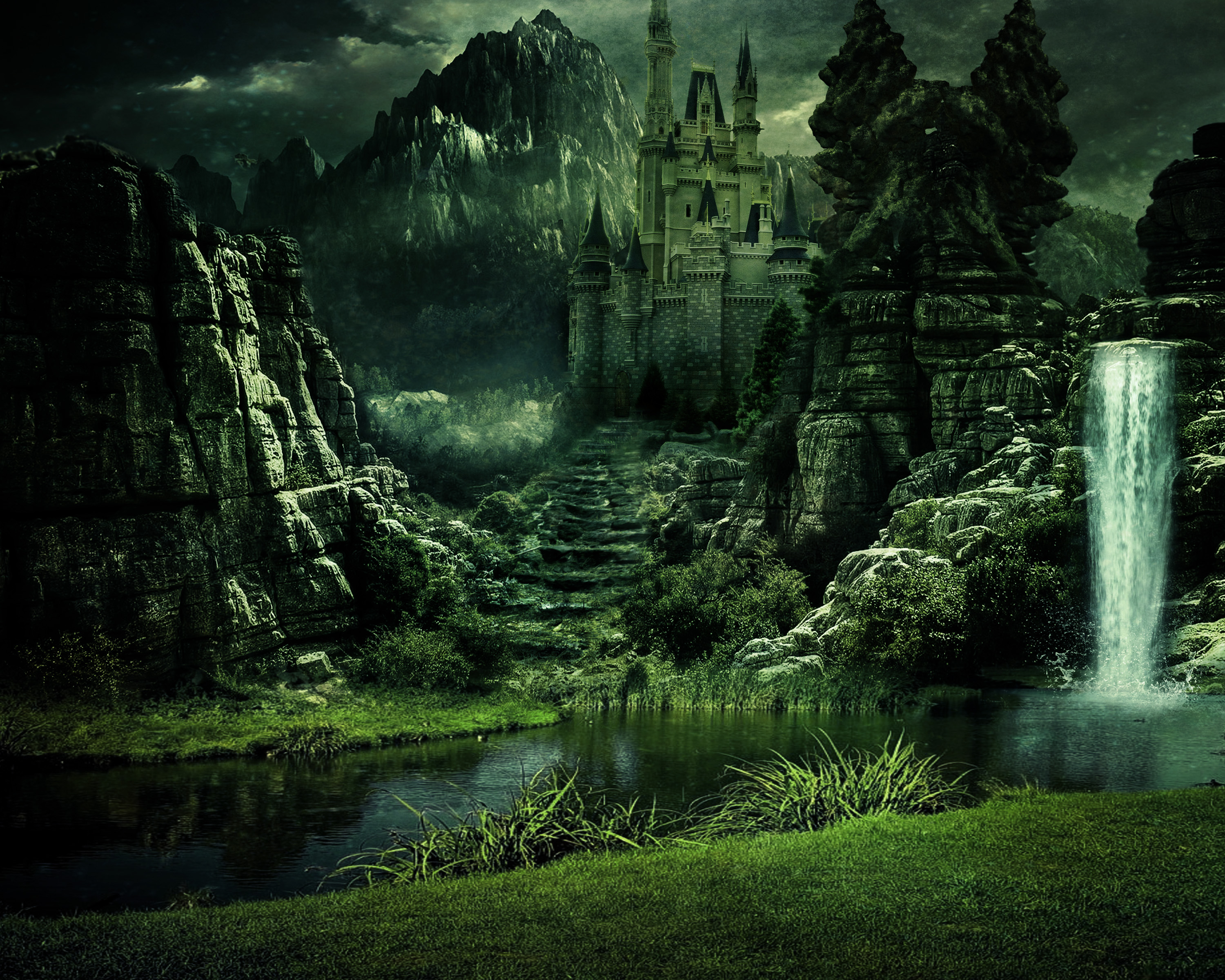 Download Mountain Landscape Waterfall Fantasy Castle Hd Wallpaper By