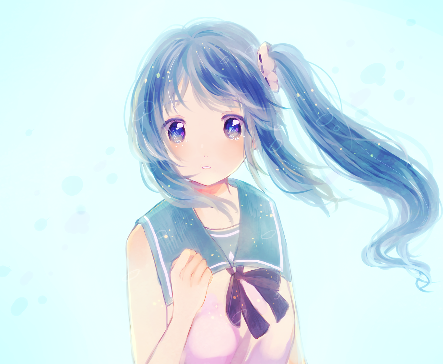 Chisaki Hiradaira from Nagi no Asukara features in this HD wallpaper, with blue hair in twintails, a school uniform, and a serene water background, highlighting her blush and blue eyes.