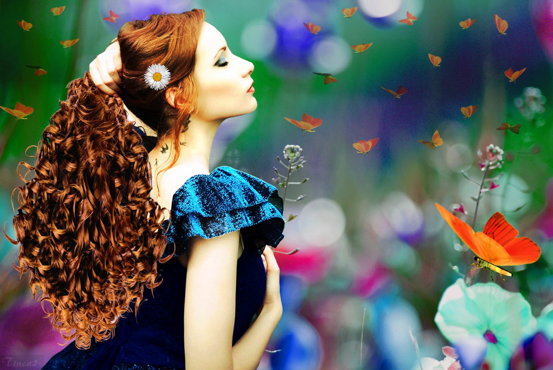 Download Curl Flower Butterfly Spring Redhead Fantasy Woman Artistic 4k Ultra HD Wallpaper by tinca2