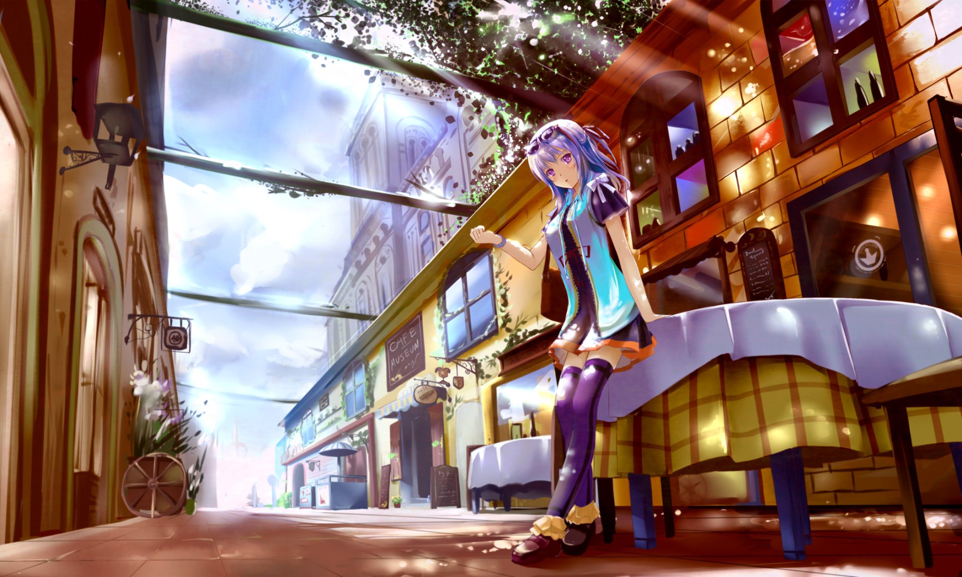 HD anime original wallpaper: blue-haired girl in sunglasses sits on a sunlit street bench under a glass canopy, vibrant buildings and warm light for PC desktop background.