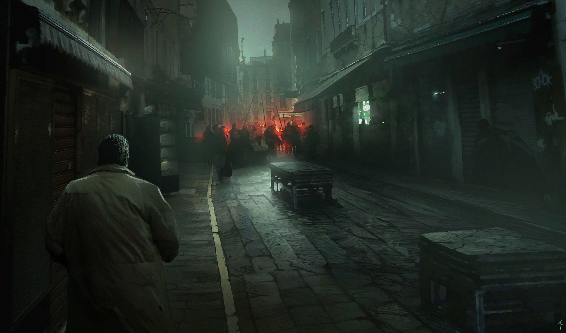 A mysterious figure walks down a dimly lit cyberpunk street, shadows lurking amidst neon lights, creating an atmospheric sci-fi backdrop for an HD desktop wallpaper.