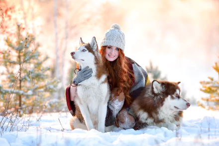 A redhead woman in a winter hat smiles while kneeling in the snow, hugging two huskies. The snowy landscape background and cheerful mood make it a beautiful HD desktop wallpaper.