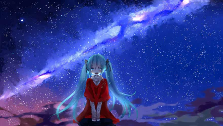 Hatsune Miku, with long blue hair and bright blue eyes, expresses sadness while sitting beneath a starry sky, creating a poignant scene in this HD anime wallpaper.