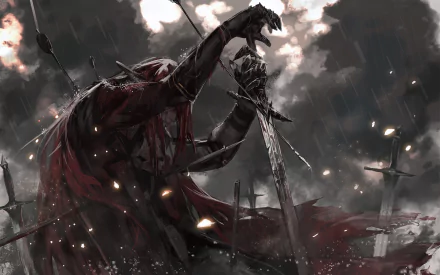 A powerful anime scene from Pixiv Fantasia Fallen Kings, featuring a dark figure rising amidst a battlefield of swords, embodying tension and epic struggle in high-definition.