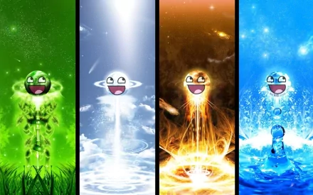HD wallpaper featuring four funny smiley faces representing different elements: earth (green), air (white), fire (orange), and water (blue). Each element is depicted with dynamic and colorful backgrounds.