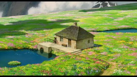 A vibrant cottage surrounded by colorful flowers and a tranquil water scene, inspired by Studio Ghibli's Howl's Moving Castle, set in a picturesque field.