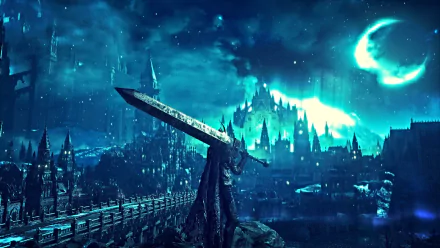 HD wallpaper of Dark Souls III showing a dark, atmospheric landscape with a central character holding an enormous sword, set against a moonlit, gothic city.