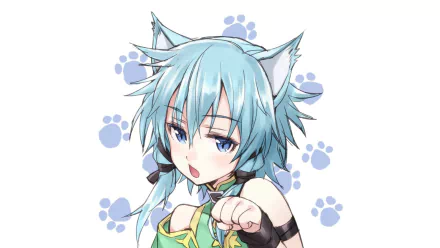 HD desktop wallpaper featuring Sinon from Sword Art Online II with blue hair, blue eyes, and animal ears, set against a background with blue paw prints.