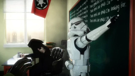 A stormtrooper humorously teaches in a classroom, writing on the blackboard while a character from Star Wars sits at a desk, creating a funny school-themed scene.