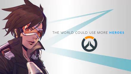 HD wallpaper featuring Tracer from Overwatch, showcasing her playful expression and the quote The world could use more heroes, alongside the Overwatch logo.