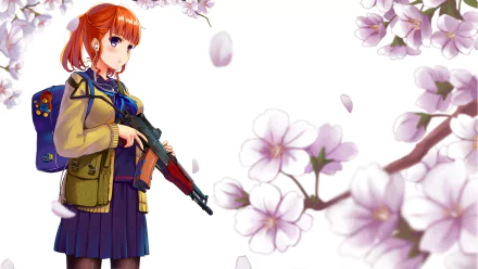 Anime-style original HD PC desktop wallpaper featuring a red-haired girl in a school uniform holding a rifle, framed by delicate cherry blossom branches and petals.