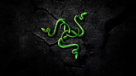 A striking HD desktop wallpaper featuring a green serpent logo on a dark textured background, showcasing the bold and dynamic aesthetic of Razer technology.