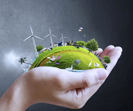 Holiday Earth Day 2K Quad HD PC desktop wallpaper and background: hands cradle a miniature green planet with wind turbines, trees, houses, birds and butterflies.