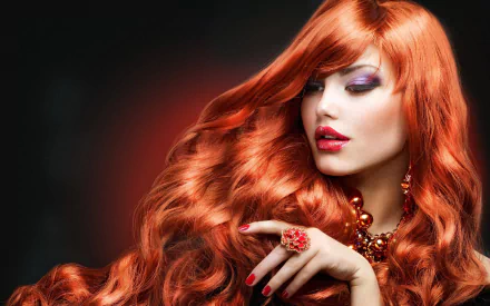 HD desktop wallpaper of a redhead model with vibrant makeup, red lipstick, and elegant jewelry, radiating glamour and style.