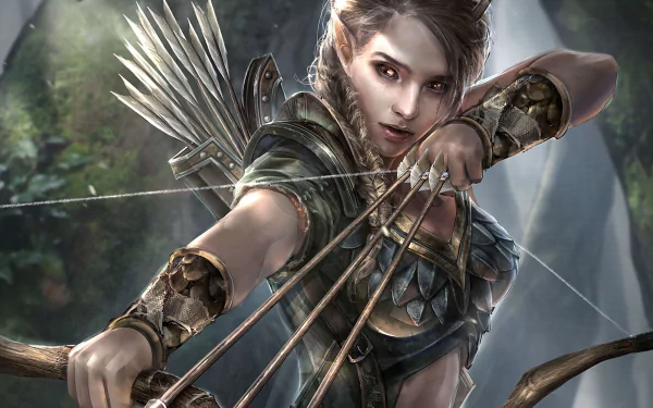 A skilled archer draws her bow in this high-definition wallpaper from The Elder Scrolls: Legends, set against a lush, vibrant forest background.