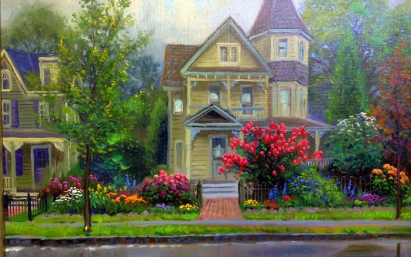 Colorful spring street scene featuring an artistic painting of a charming house with blooming flowers, captured in HD for a vivid desktop wallpaper background.