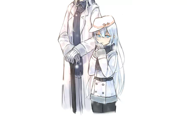 HD PC wallpaper, anime: Hibiki (Kantai Collection) — blushing with long blue hair and aqua eyes, wearing a hat, scarf, gloves and thigh-highs, standing beside an admiral.