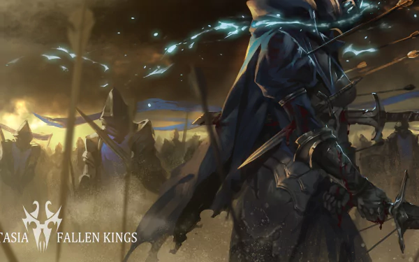Anime-style HD PC desktop wallpaper from Pixiv Fantasia Fallen Kings depicting a dark armored warrior in a battlefield with ominous skies and silhouetted army.