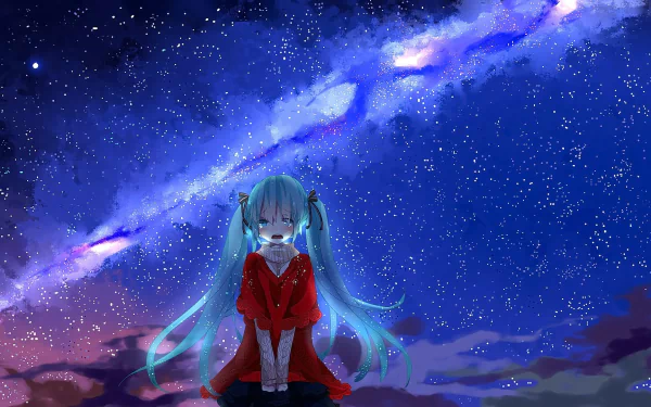 Hatsune Miku, with long blue hair and bright blue eyes, expresses sadness while sitting beneath a starry sky, creating a poignant scene in this HD anime wallpaper.
