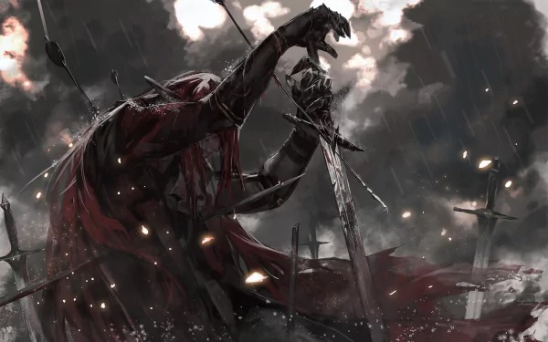 A powerful anime scene from Pixiv Fantasia Fallen Kings, featuring a dark figure rising amidst a battlefield of swords, embodying tension and epic struggle in high-definition.