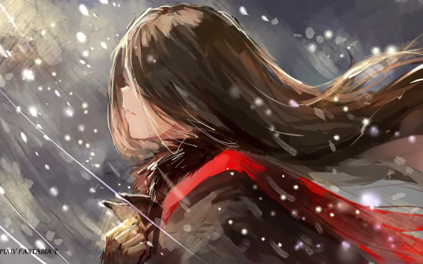 A serene anime scene featuring a figure with long hair and a red scarf, surrounded by falling snowflakes. This HD image is a captivating desktop wallpaper from Pixiv Fantasia T.