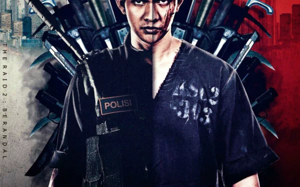HD PC desktop wallpaper featuring a split image of a character from the movie The Raid 2, showcasing intense action and urban backdrop.