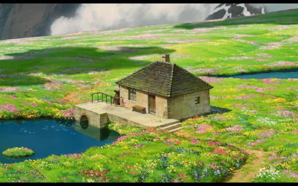 A vibrant cottage surrounded by colorful flowers and a tranquil water scene, inspired by Studio Ghibli's Howl's Moving Castle, set in a picturesque field.