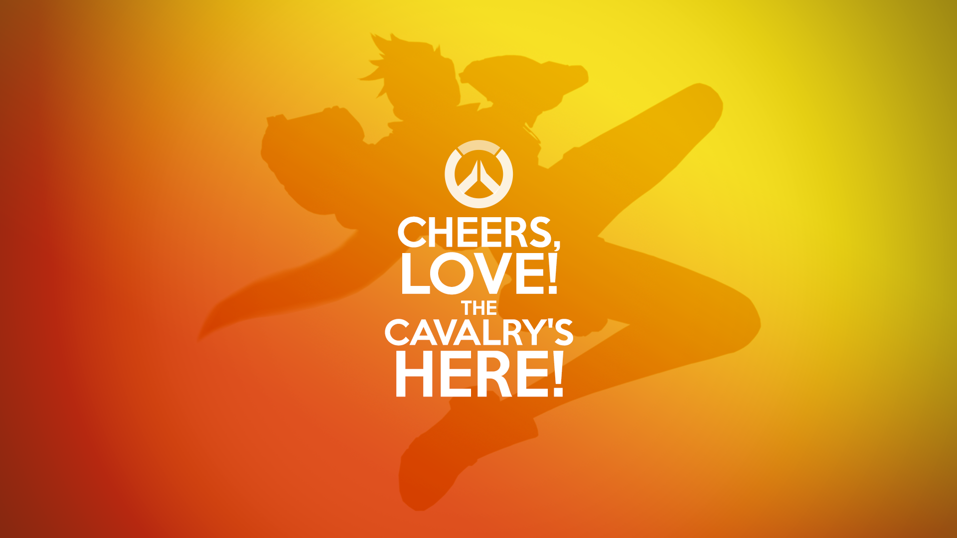 A dynamic HD wallpaper of Tracer from Overwatch, showcasing her vibrant silhouette with the text, Cheers, Love! The Cavalry's Here! by Blizzard Entertainment.