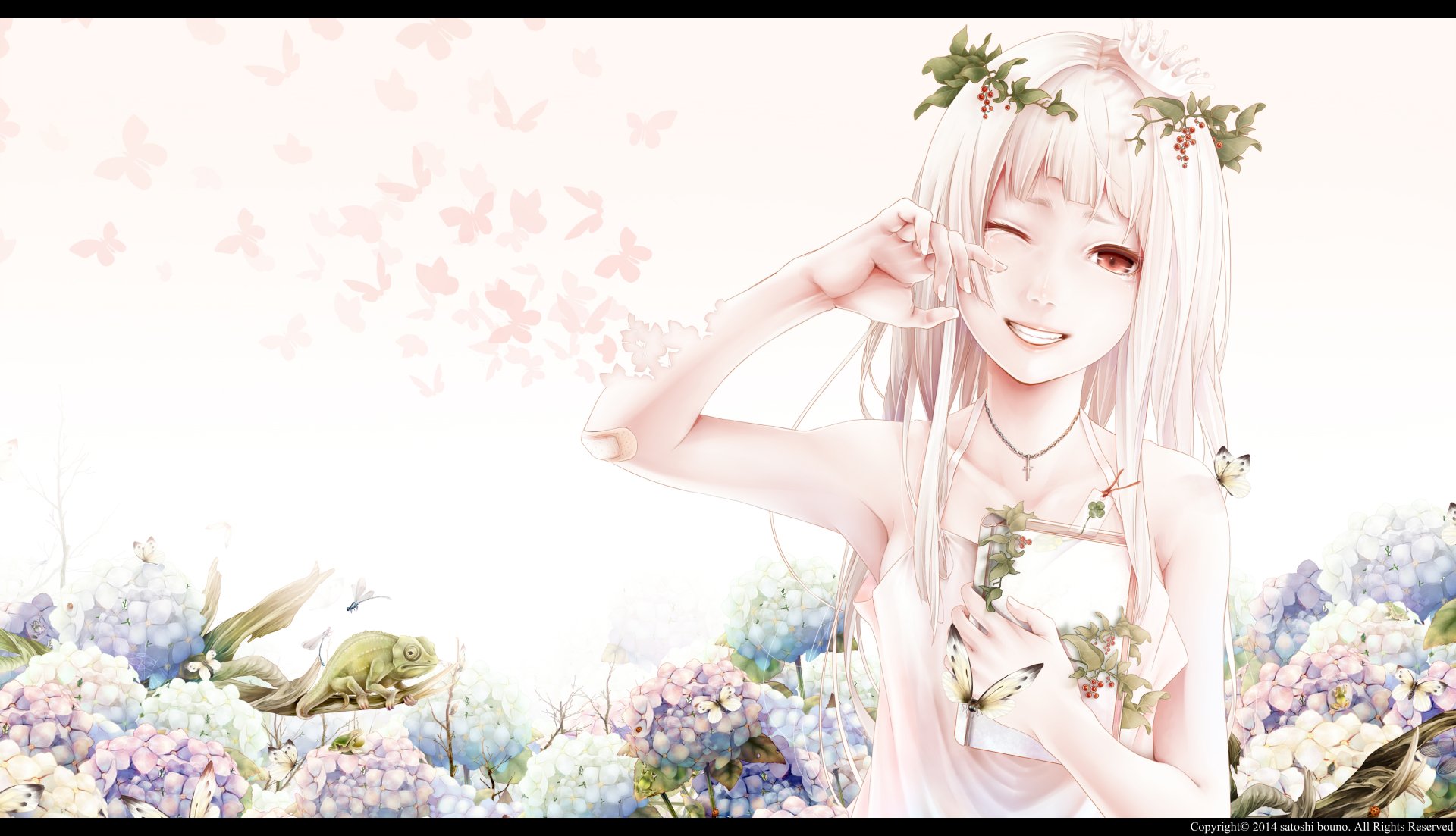 Anime-style original artwork of a smiling girl with long white hair surrounded by flowers and butterflies, designed as a 4K Ultra HD PC desktop wallpaper and background.