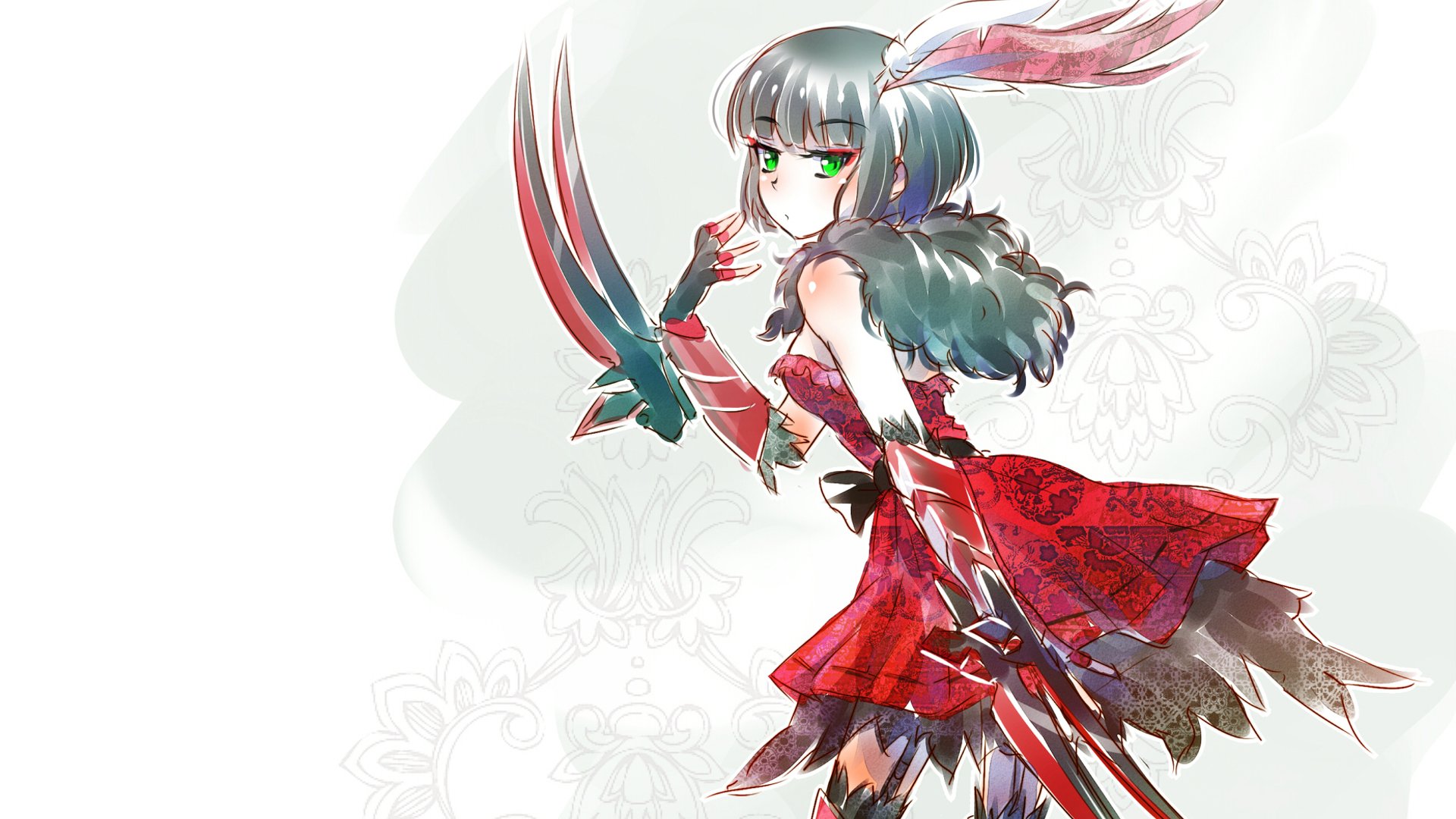 HD anime-style RWBY desktop wallpaper featuring a fierce character in a red dress with claw-like weapons and a white feathered accessory.