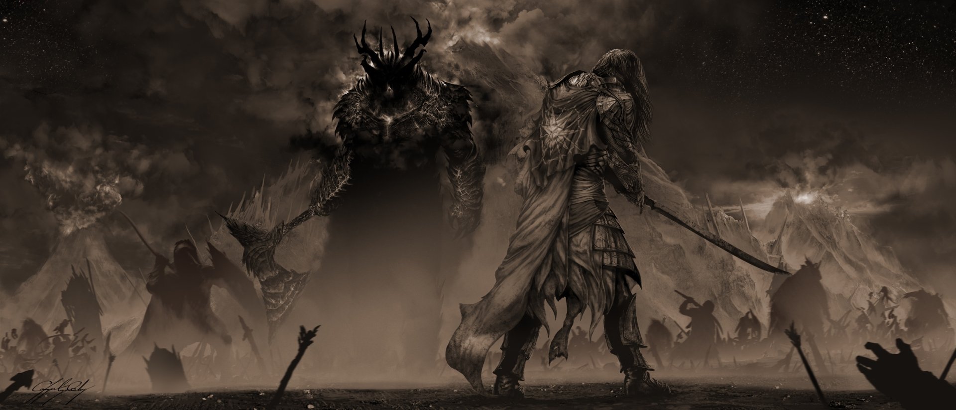 A fierce fantasy warrior stands ready for battle, wielding an axe and sword against a towering giant in a dark, dramatic landscape. HD wallpaper for an epic gaming experience.