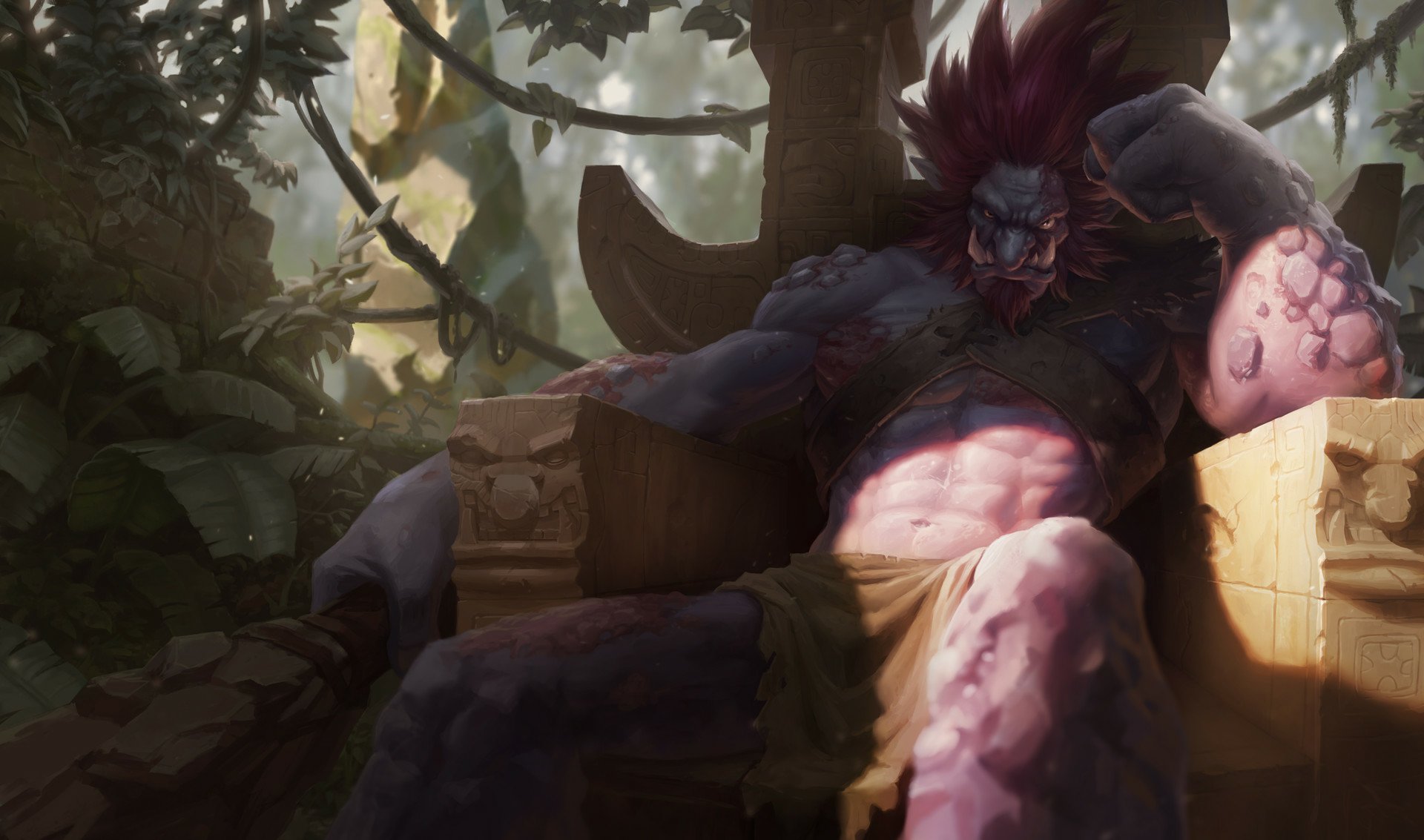 HD desktop wallpaper featuring Trundle, a character from the video game League of Legends, resting on a stone throne in a dense, forested environment.