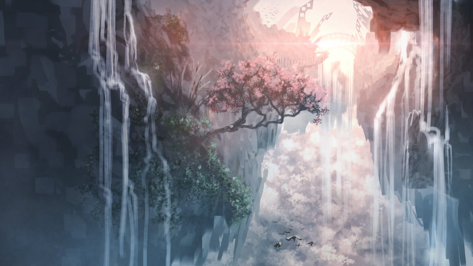 HD anime desktop wallpaper depicting a serene nature scene with cascading waterfalls, a blossoming tree, and soft sunlight filtering through misty cliffs.