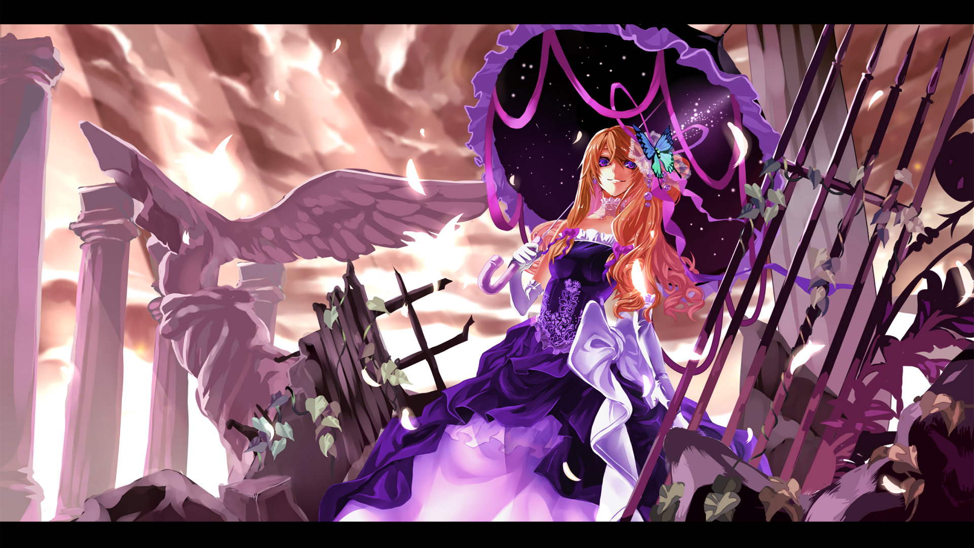 An HD wallpaper featuring Yukari Yakumo from the anime Touhou, depicted in a striking pose with a parasol against a dramatic, crumbling background.