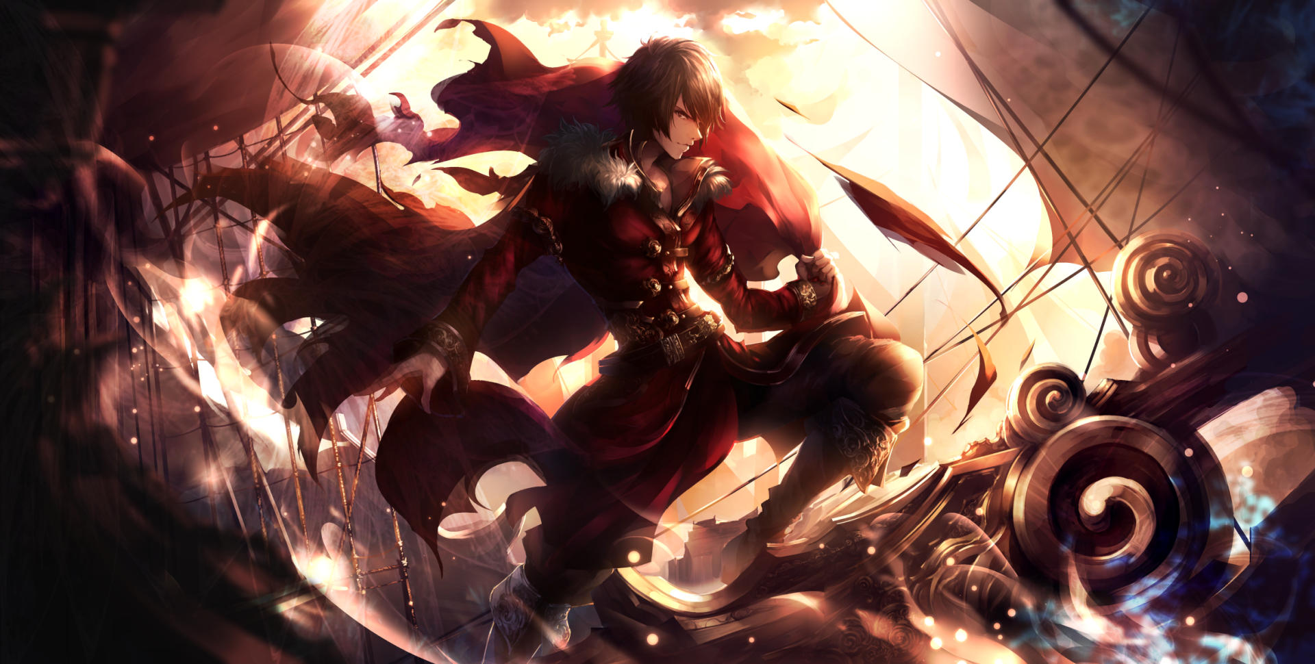HD fantasy anime original artwork featuring a dark-clad character with a flowing red cape amidst dynamic lighting and swirling abstract elements, designed as a PC desktop wallpaper.
