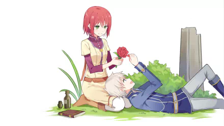 A serene HD wallpaper featuring Shirayuki and Zen Wistalia from Akagami no Shirayuki-hime in a lush setting, with Shirayuki presenting a rose to Zen.