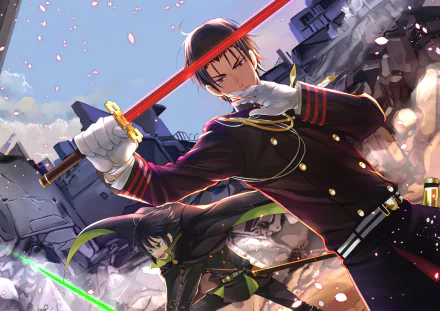 A dynamic anime scene featuring Guren Ichinose with red eyes and sword, alongside Yūichirō Hyakuya with green eyes, both in uniform and capes, set against a dramatic backdrop.