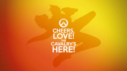 A dynamic HD wallpaper of Tracer from Overwatch, showcasing her vibrant silhouette with the text, Cheers, Love! The Cavalry's Here! by Blizzard Entertainment.