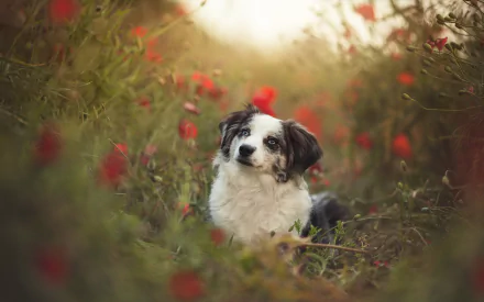A dog resting among red poppy flowers with a soft summer bokeh background, captured in HD for a serene PC desktop wallpaper.