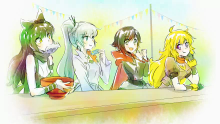 A vibrant HD wallpaper featuring characters from the anime RWBY, showcasing four young women with unique hairstyles and outfits, enjoying a lively outdoor atmosphere.